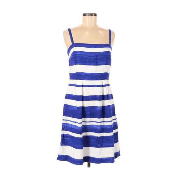 LOFT Stripe Flare A Line Dress Blue Nautical Pleat - Picture 1 of 9